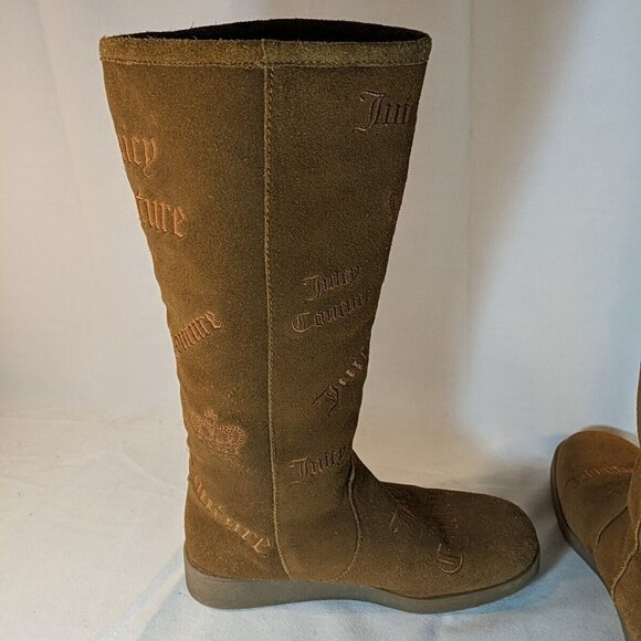 Juicy Couture Brown Faux Suede Moccasin Boots Knee High Tan Embroidered Y2K 8.5 - Picture 8 of 16